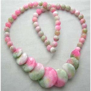 Jade Necklace, coin round, pink, 16 inch long, 40cm length, big Round beads:21mm, round beads:6mm d