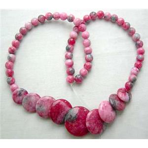 Jade Necklace, flat round, hot pink, 16 inch, 40cm length, big Round beads:21mm, round beads:6mm d