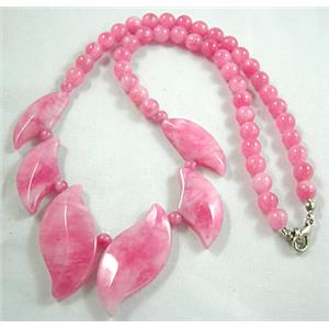 Jade Necklace, leaf, pink, 16 inch long, big leaf:17x35mm, round bead:6mm