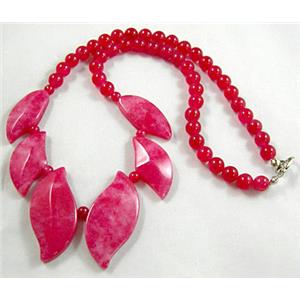 Jade Necklace, leaf, ruby red, 16 inch, big leaf:17x35mm, round bead:6mm