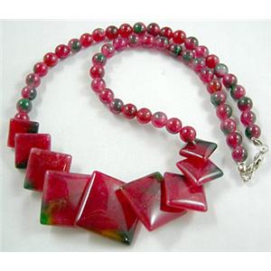 Jade Necklace, square, hot red, 16 inch long, big square bead:21x21mm, round bead:6mm