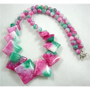 Jade Necklace, square, pink/green, 16 inch, big square bead:21x21mm, round bead: 6mm