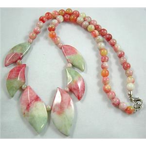 Jade Necklace, leaf, pink/white, 16 inch, big leaf bead:17x35mm, round bead:6mm
