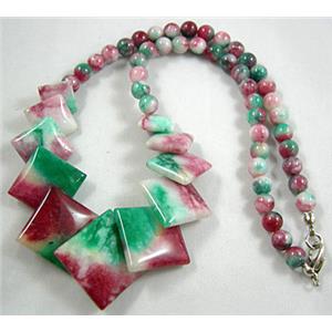 Jade Necklace, Square, Multi color, 16 inch, big square bead: 21x21mm, round bead: 6mm