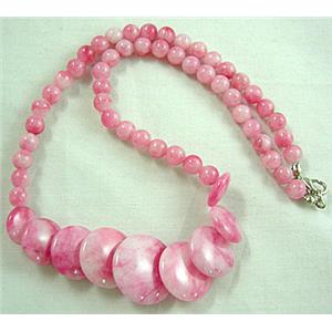 Jade Necklace, coin round, pink, 16 inch, big round bead:21mm dia, small round bead:6mm