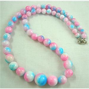 Jade Necklace, Round, pink/blue, 16 inch, 6-14mm dia