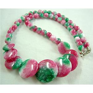 Jade Necklace, coin round, pink/green, 16 inch, 16 inch length, big round bead:21mm dia,round bead:6mm