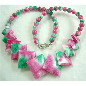 Jade Necklace, square, pink/green, 16 inch, 16 inchlength, big square:21mm, round beads:6mm dia