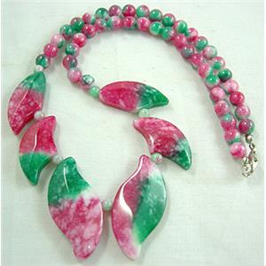 Jade Necklace, leaf, red/green, 16 inch, 16 inchlength, big leaf:17x35mm, round bead:6mm