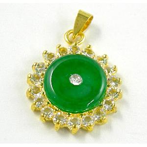 Green Jade Pendant With Copper Gold Plated Model and Rhinestone, 18mm dia