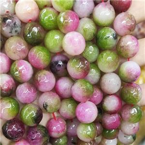 Faceted Round Jade Beads Pink Green Dye, approx 14mm dia