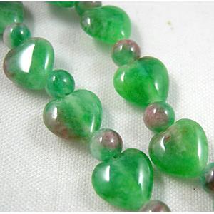 Jade beads, heart, round, green, 36pcs(8mm wide heart and 4mm dia round jade beads)