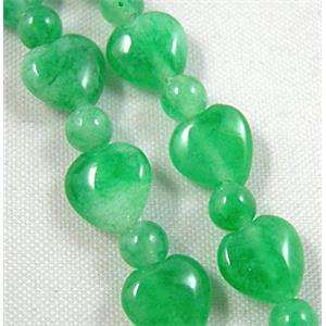 Jade beads, heart, round, green, 36pcs(8mm wide heart and 4mm dia round jade beads)