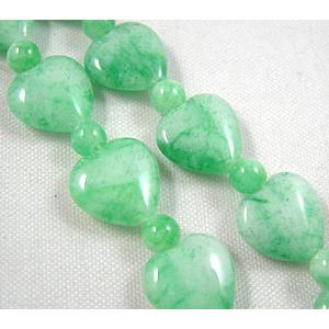 Jade beads, heart, round, green, 30pcs(10mm wide heart , 4mm dia round jade beads)