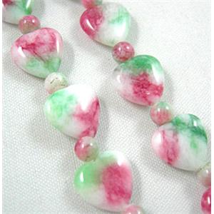 Jade beads, heart, round, pink/white, 30pcs(10mm wide heart , 4mm dia round jade beads)