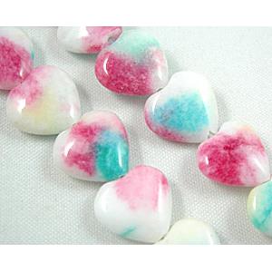 Jade beads, heart, pink/white, 12mm wide, 35 pcs per st