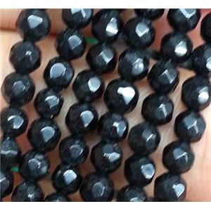 black jade beads, faceted round, approx 4mm dia, 15.5 inches
