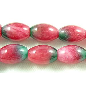 Jade beads, rice, red/green, 8x12mm, 33 pcs per st