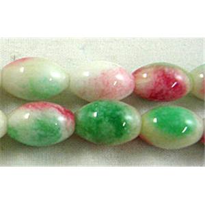 Jade beads, oval, green/white/pink, 8x12mm, 33pcs per st