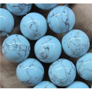 synthetic turquoise beads, round, lt.blue, approx 14mm dia, 15.5 inches