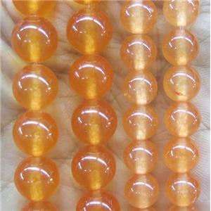 round jade stone beads, dye, orange, approx 4mm dia