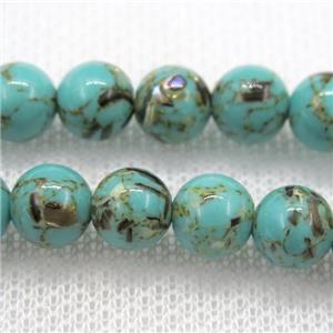 green synthetic turquoise beads with shelled, round, approx 10mm dia