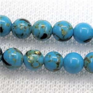 blue synthetic turquoise beads with shelled, round, approx 4mm dia