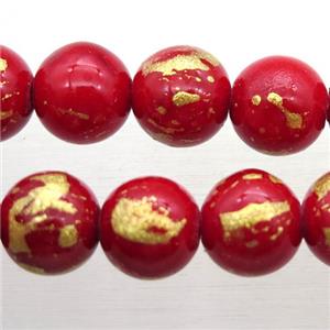 round red JinShan Jade beads with gold foil, approx 8mm dia