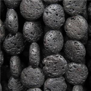 black Lava Stone beads, flat round, approx 16mm dia