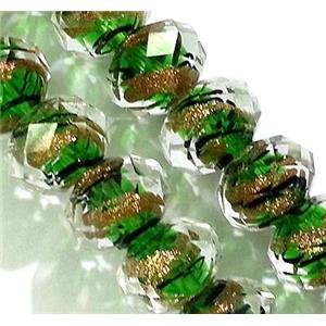 lampwork glass bead, faceted wheel, green, approx 9x12mm