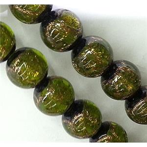 lampwork glass bead, round, green, 12mm dia