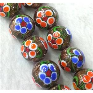 lampwork bead with flower and goldsand, round, 14mm dia