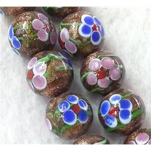 lampwork bead with flower and goldsand, round, 12mm dia