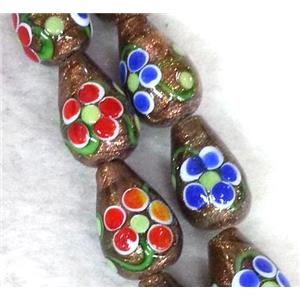 lampwork bead with flower and goldsand, teardrop, 12x18mm