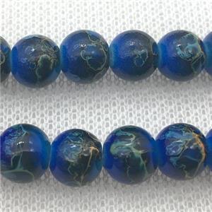 blue Lampwork Glass Beads with painted, round, approx 8mm dia, 50pcs per st