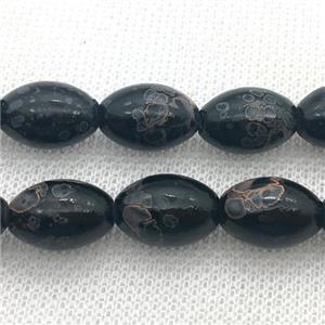 black Lampwork Glass Beads with painted, rice, approx 10x15mm, 25pcs per st