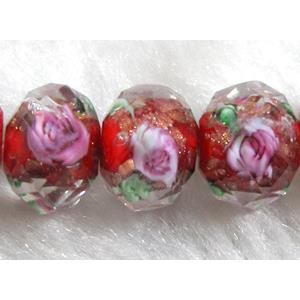 Lampwork Glass bead, faceted wheel, flower, red, 8x10mm