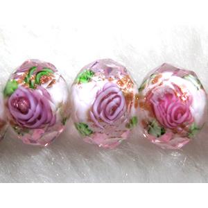 Lampwork Glass bead, faceted wheel, flower, pink, 8x10mm