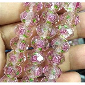lampwork glass bead, within flower, faceted rondelle, 9x12mm