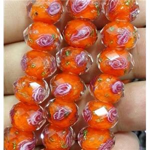 lampwork glass bead, within flower, faceted rondelle, 9x12mm