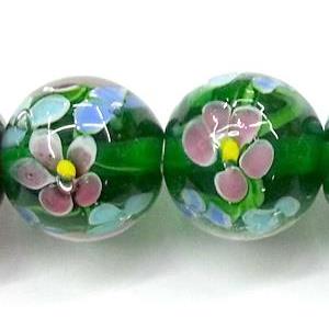 glass lampwork beads, round, flower, green, 20mm dia