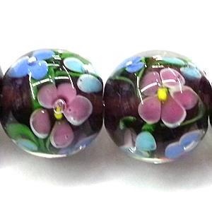 glass lampwork beads, round, flower, dark-purple, 20mm dia