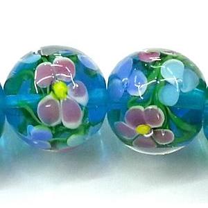 glass lampwork beads, round, flower, aqua, 14mm dia
