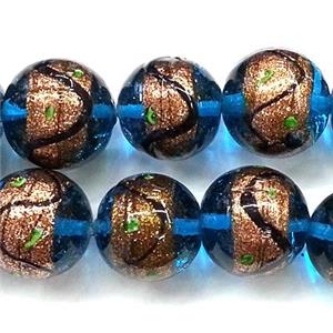 glass lampwork beads with goldsand, round, blue, 12mm dia