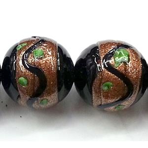 glass lampwork beads with goldsand, round, black, 20mm dia