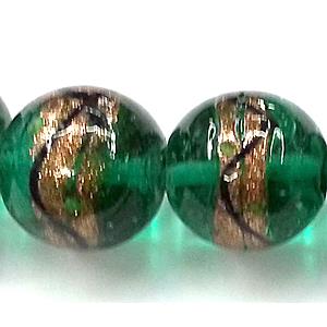 glass lampwork beads with goldsand, round, green, 16mm dia
