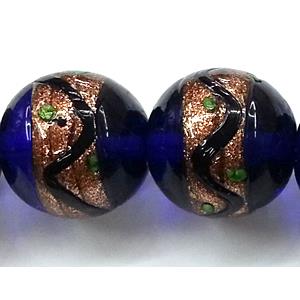 glass lampwork beads with goldsand, round, dark-blue, 14mm dia