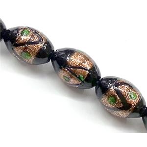 glass lampwork beads with goldsand, barrel, black, 11x16mm
