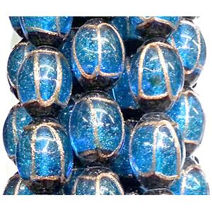 glass lampwork beads with goldsand line, barrel, blue, 16x22mm