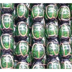 glass lampwork beads with goldsand line, barrel, green, 16x22mm